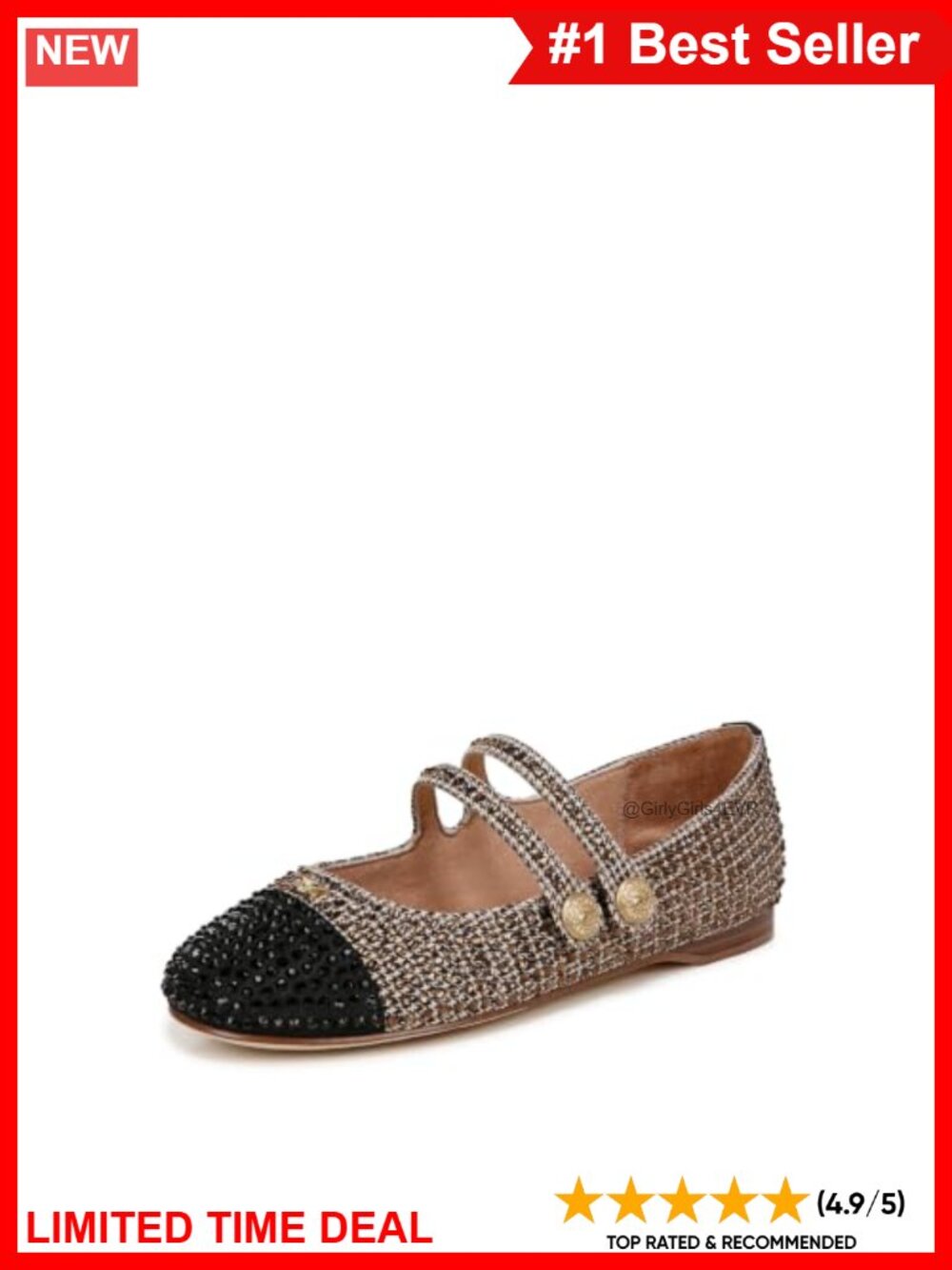 Crystal Embellished Mary Jane Flats Round Toe Double Strap Slip-On